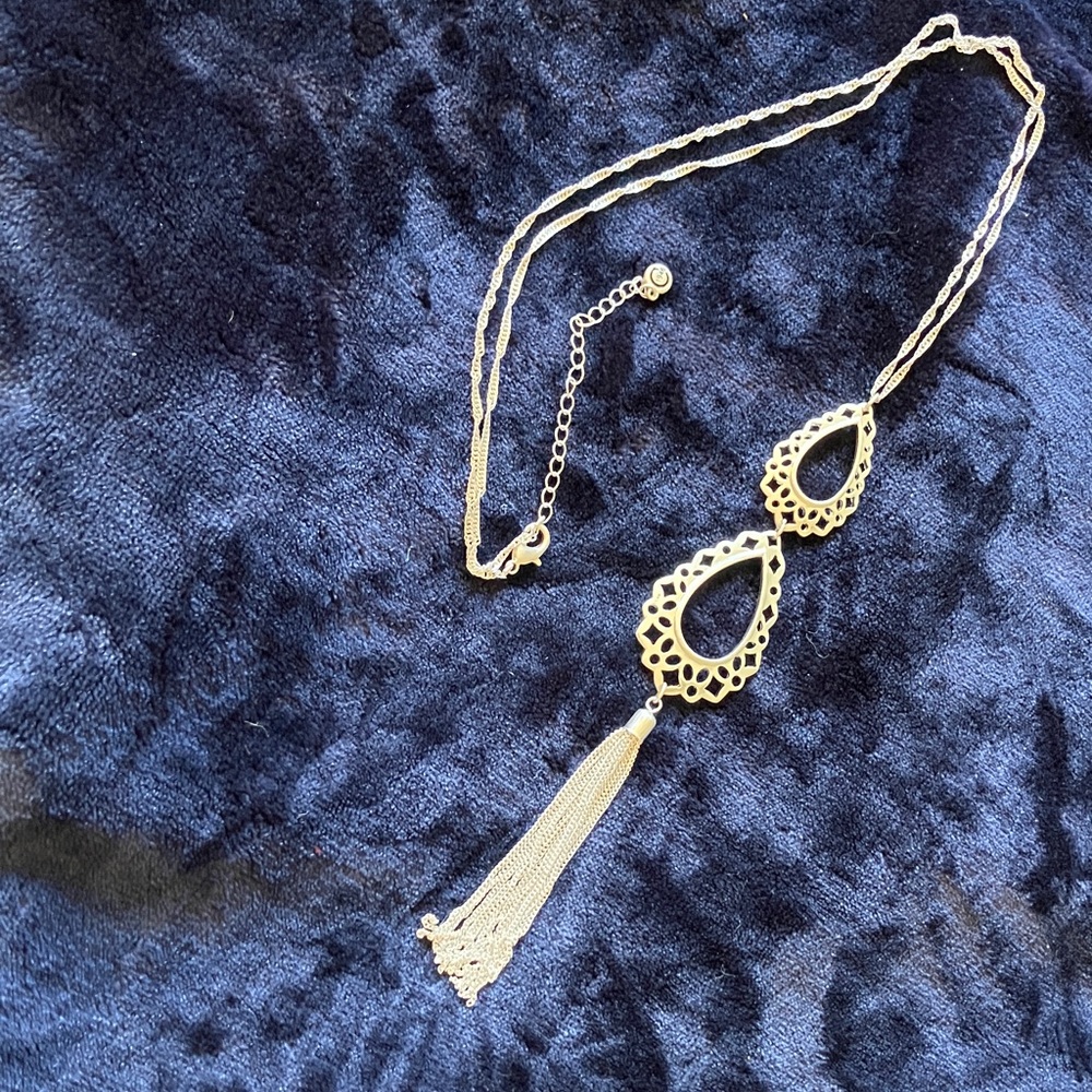 Silver Double Teardrop Fringe Tassel Necklace Long Semi-precious spiral chain